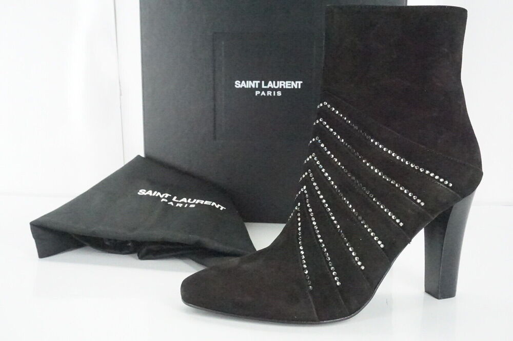 Saint Laurent Paris Lily Black Suede Crystal Ankle Boots